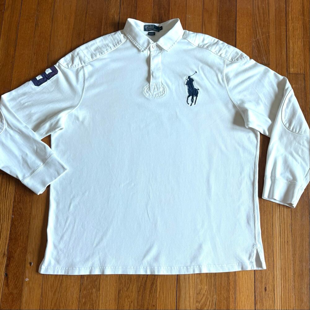 Vintage Polo Ralph Lauren Rugby Shirt XL Big Pony #3 Heavy Cotton White